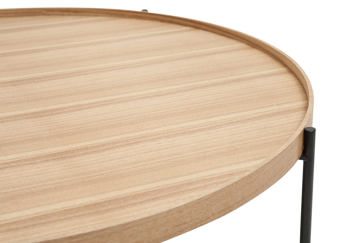 Mesa de centro redonda de madera clara y metal negro 90 cm BASSY