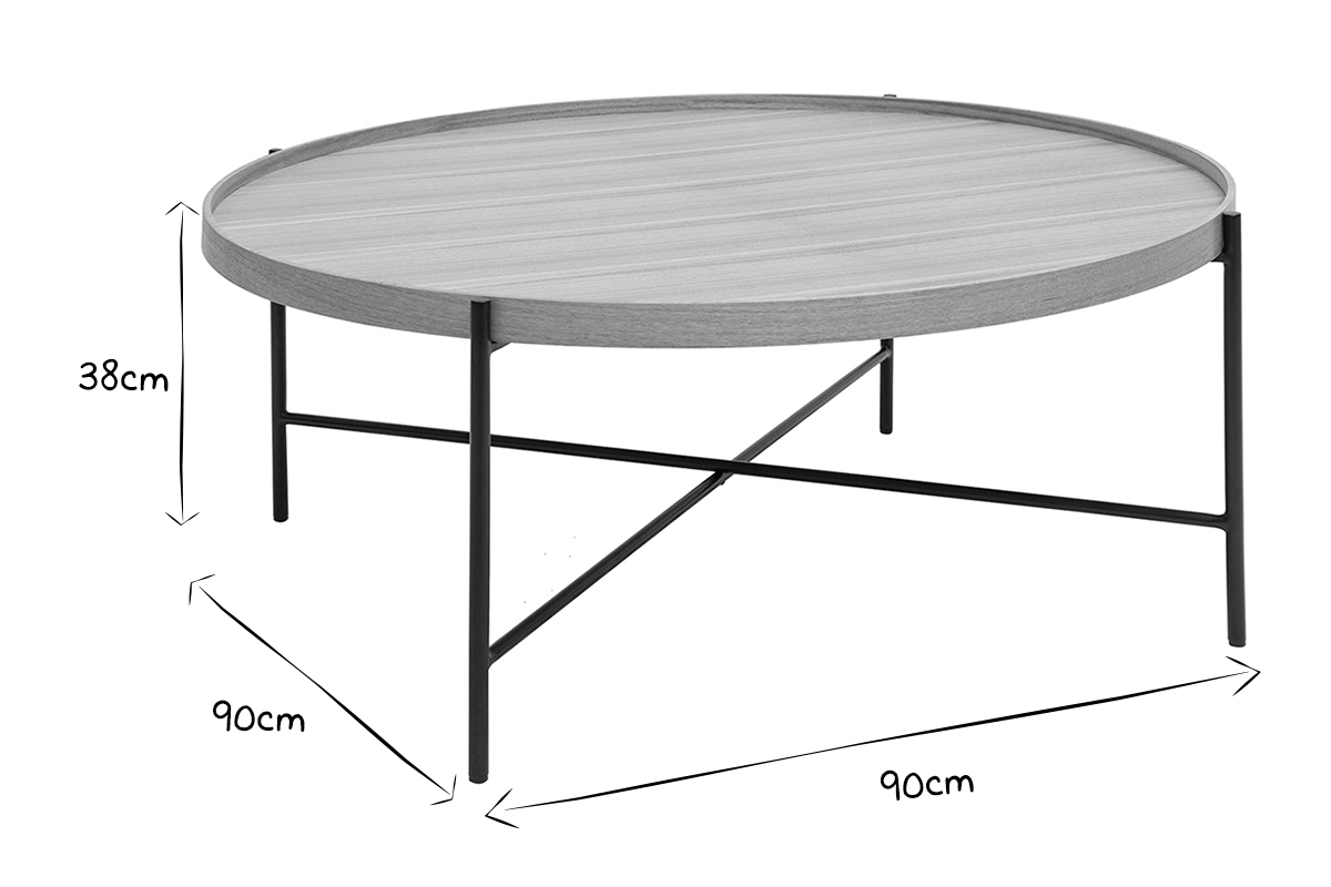 Mesa de centro redonda de madera clara y metal negro 90 cm BASSY