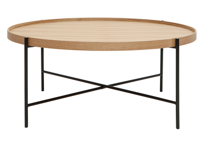 Mesa de centro redonda de madera clara y metal negro 90 cm BASSY