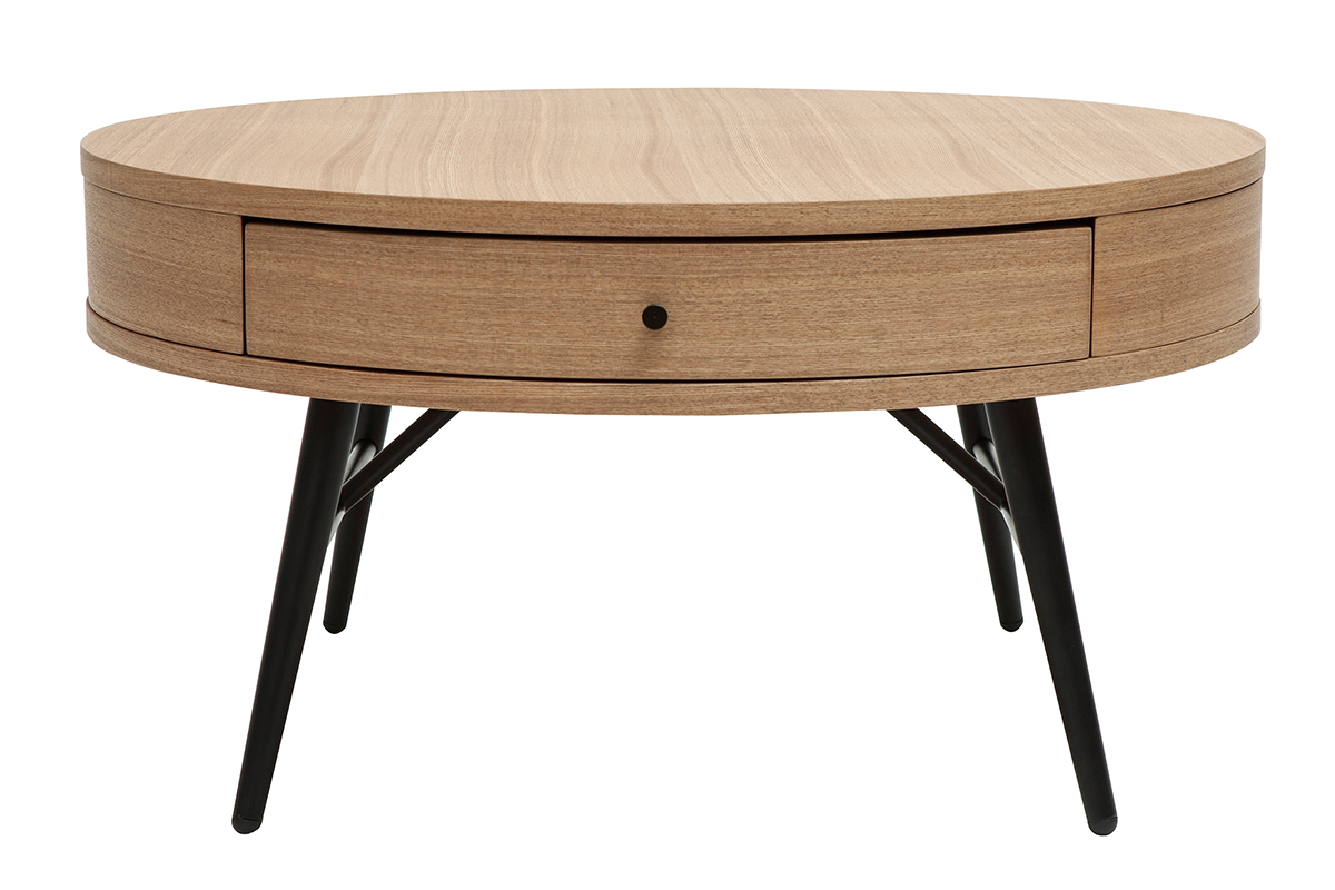 Mesa de centro redonda de madera clara y metal negro con cajn 81,5cm KORAL