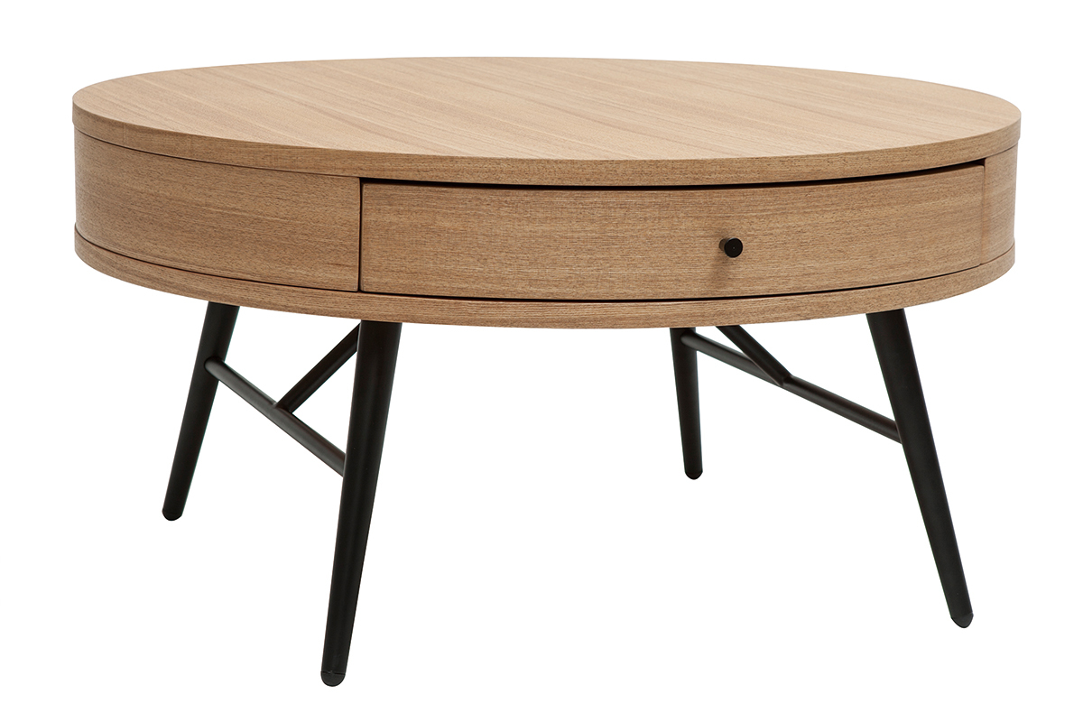 Mesa de centro redonda de madera clara y metal negro con cajn 81,5cm KORAL