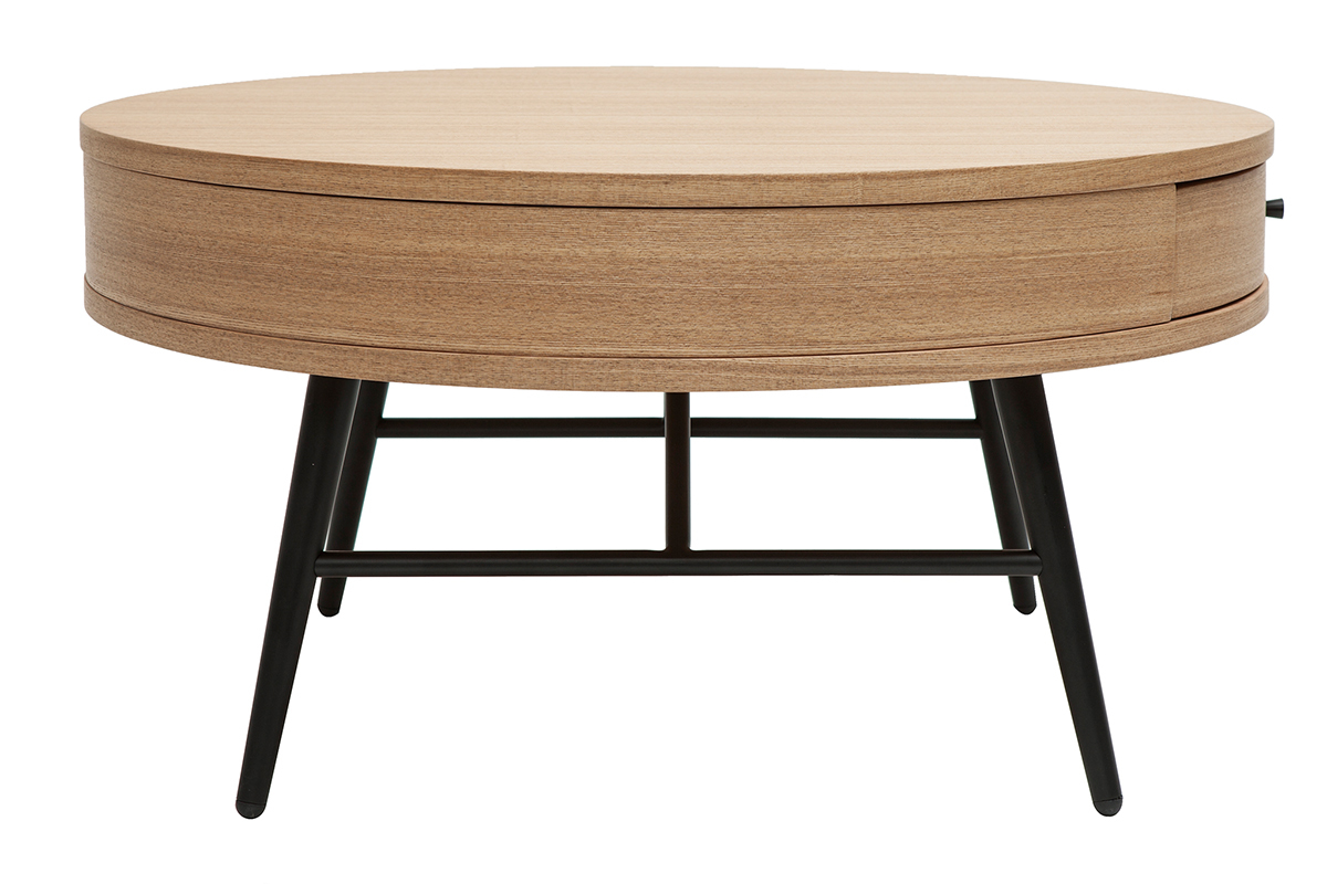 Mesa de centro redonda de madera clara y metal negro con cajn 81,5cm KORAL
