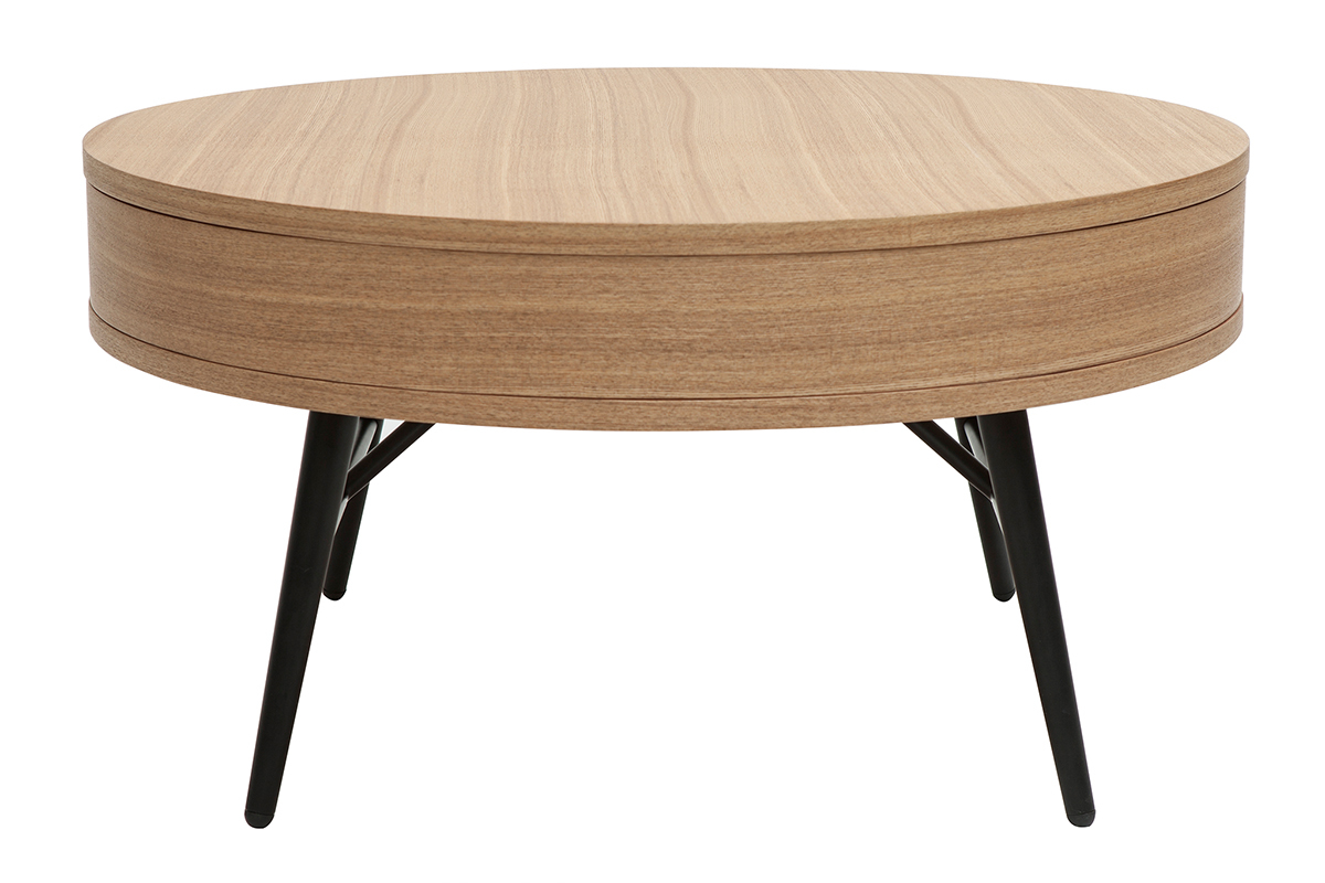 Mesa de centro redonda de madera clara y metal negro con cajn 81,5cm KORAL