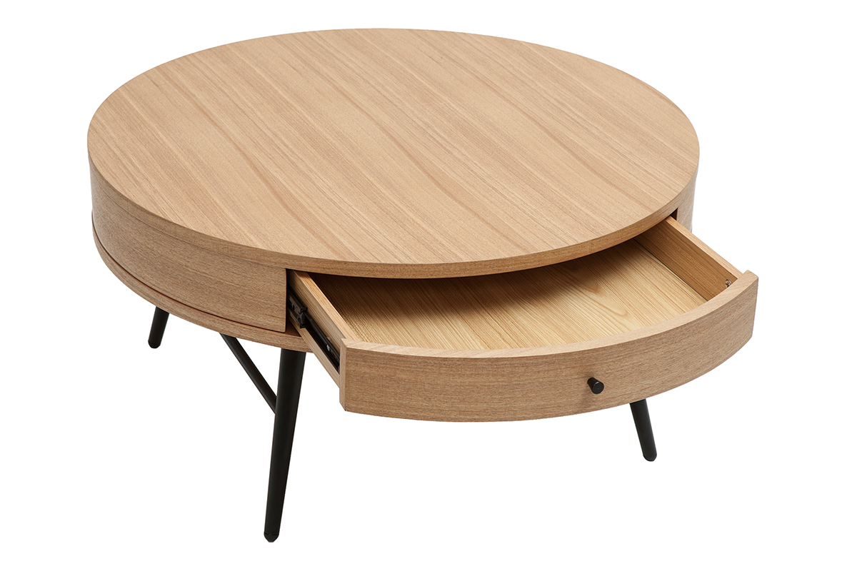 Mesa de centro redonda de madera clara y metal negro con cajn 81,5cm KORAL