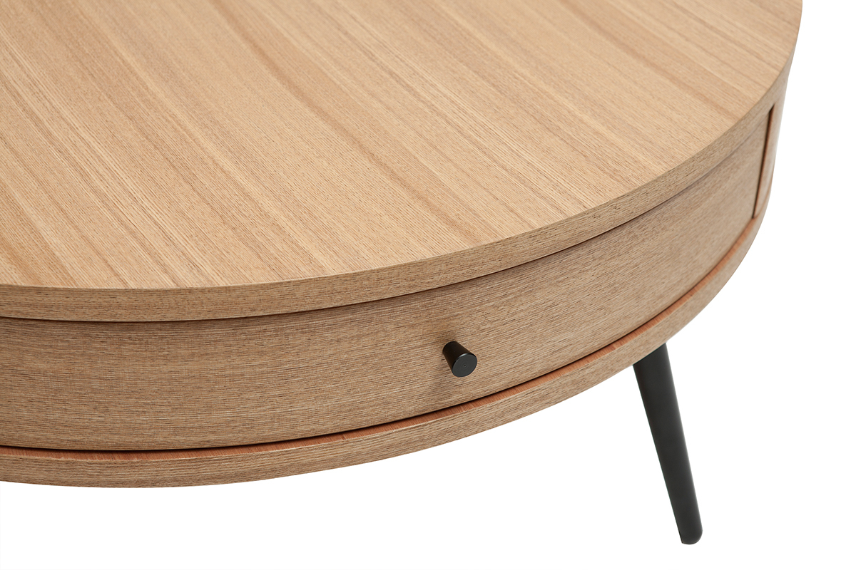 Mesa de centro redonda de madera clara y metal negro con cajn 81,5cm KORAL