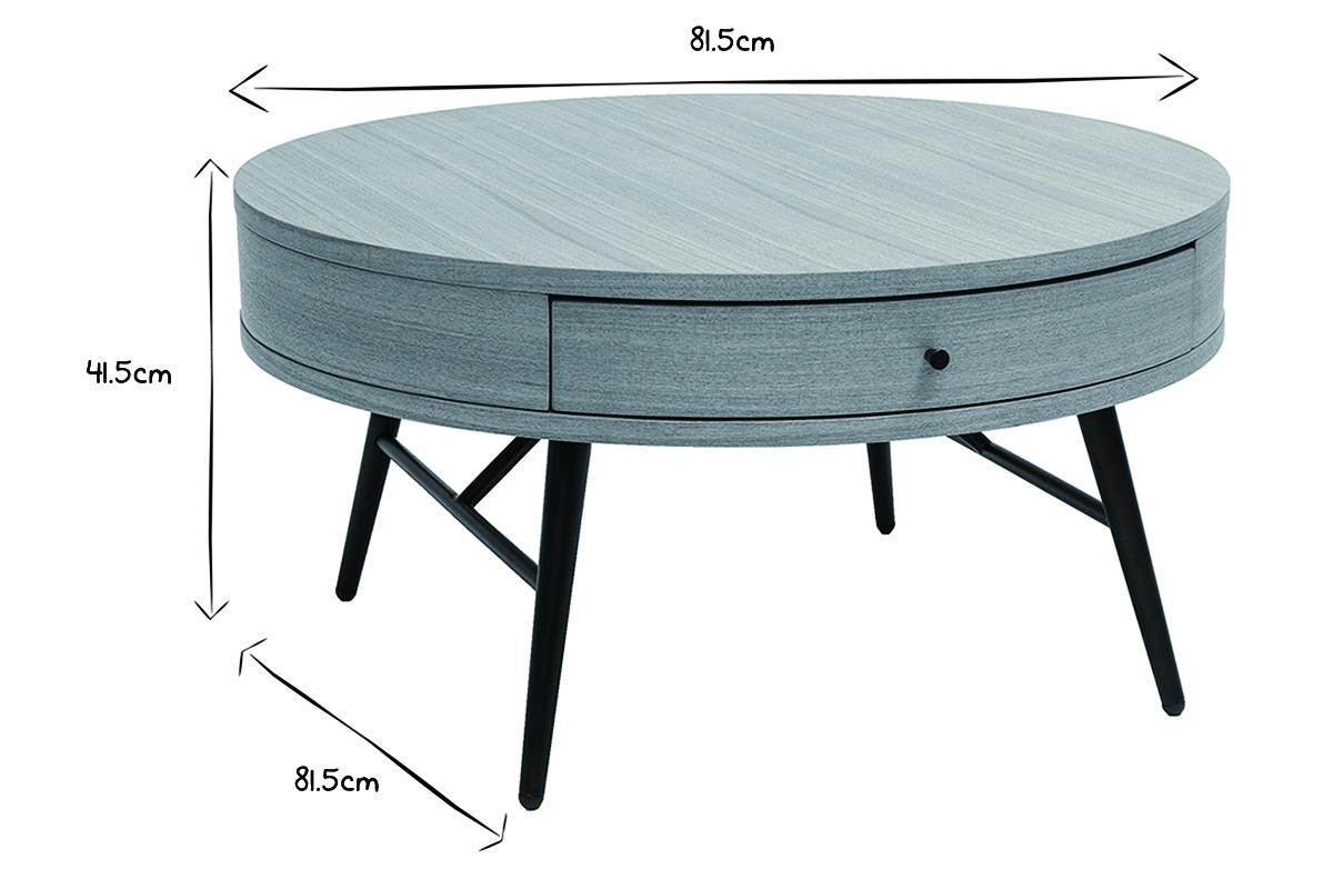 Mesa de centro redonda de madera clara y metal negro con cajn 81,5cm KORAL