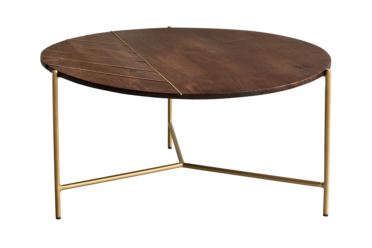 Mesa de centro redonda de madera de mango maciza y metal dorado 90cm SILLON