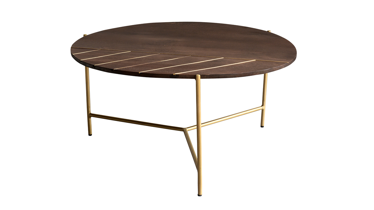 Mesa de centro redonda de madera de mango maciza y metal dorado 90cm SILLON
