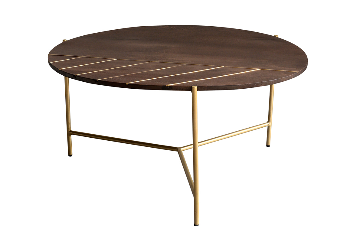 Mesa de centro redonda de madera de mango maciza y metal dorado 90cm SILLON