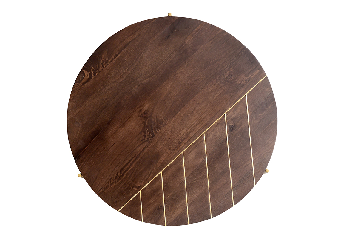 Mesa de centro redonda de madera de mango maciza y metal dorado 90cm SILLON
