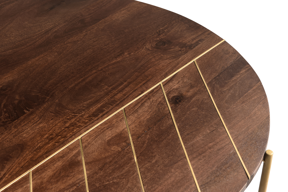 Mesa de centro redonda de madera de mango maciza y metal dorado 90cm SILLON