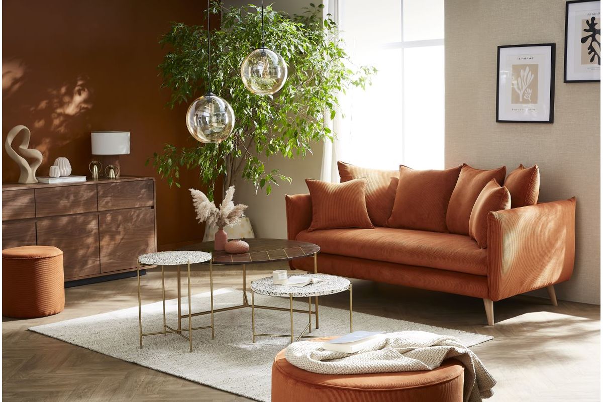 Mesa de centro redonda de madera de mango maciza y metal dorado 90cm SILLON