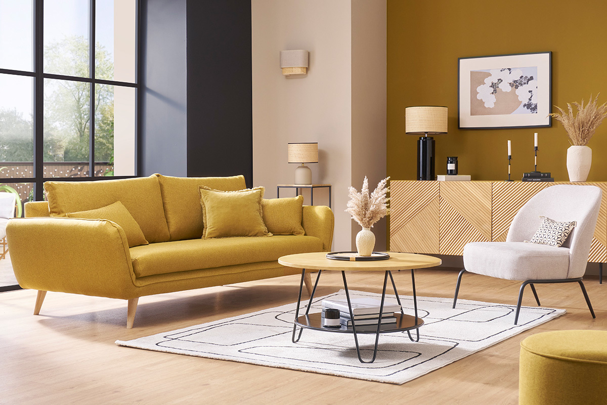 Mesa de centro redonda de madera de mango maciza y metal negro PRIYA