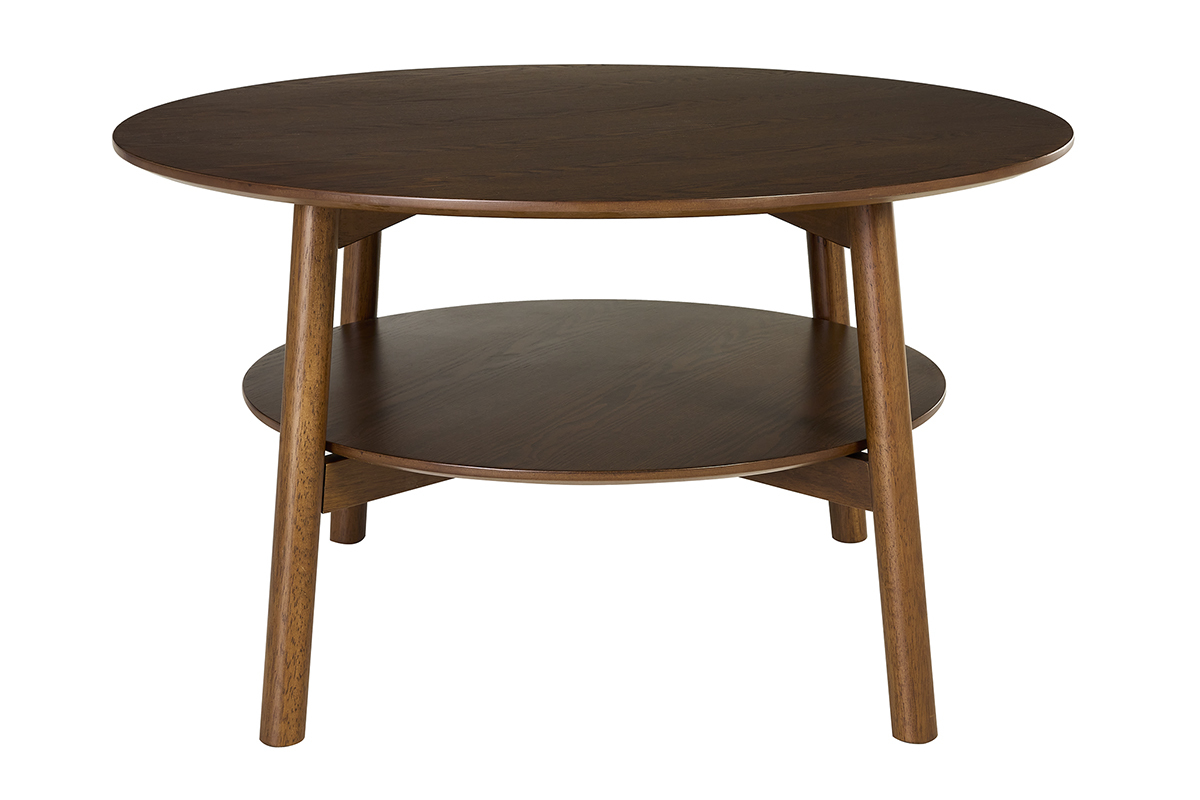 Mesa de centro redonda de madera oscura, doble tablero, vista frontal.