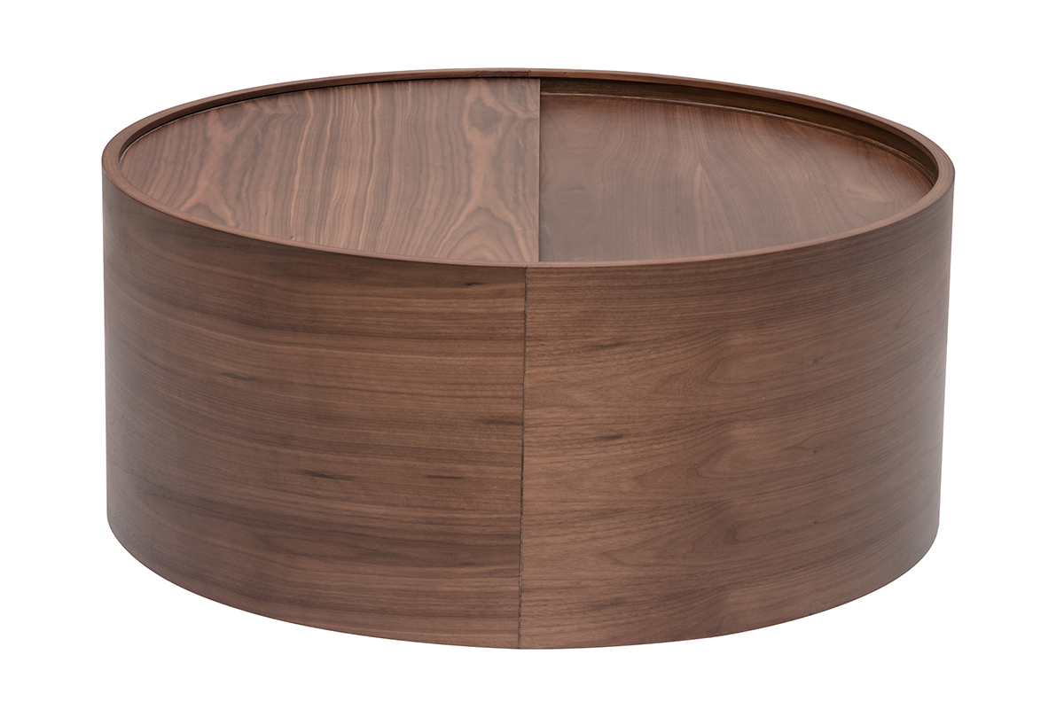 Mesa baja redonda de madera oscura de nogal, con tapa giratoria, vista lateral.