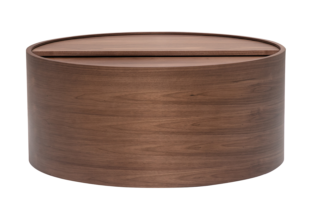 Mesa de centro redonda de nogal con tablero giratorio, vista frontal.