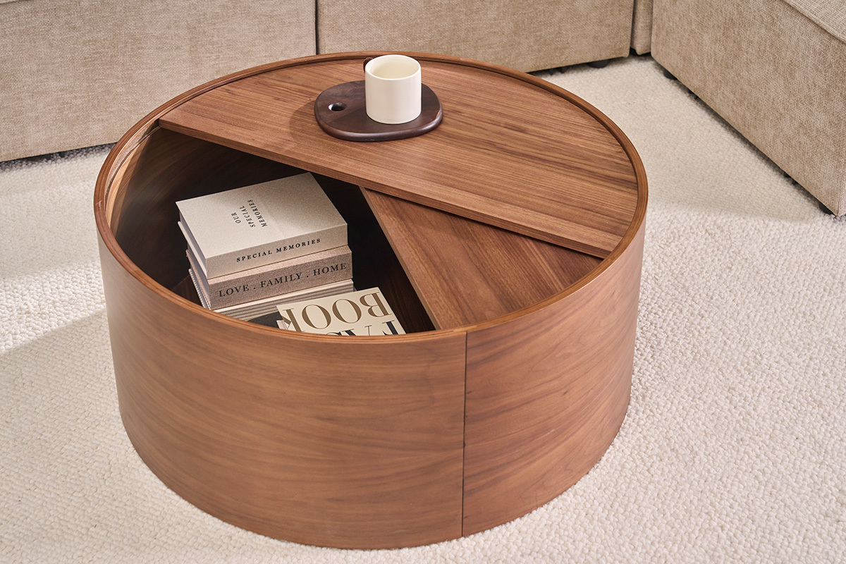 Mesa de centro redonda de madera oscura nogal con bandeja giratoria y almacenamiento D80 cm DALI