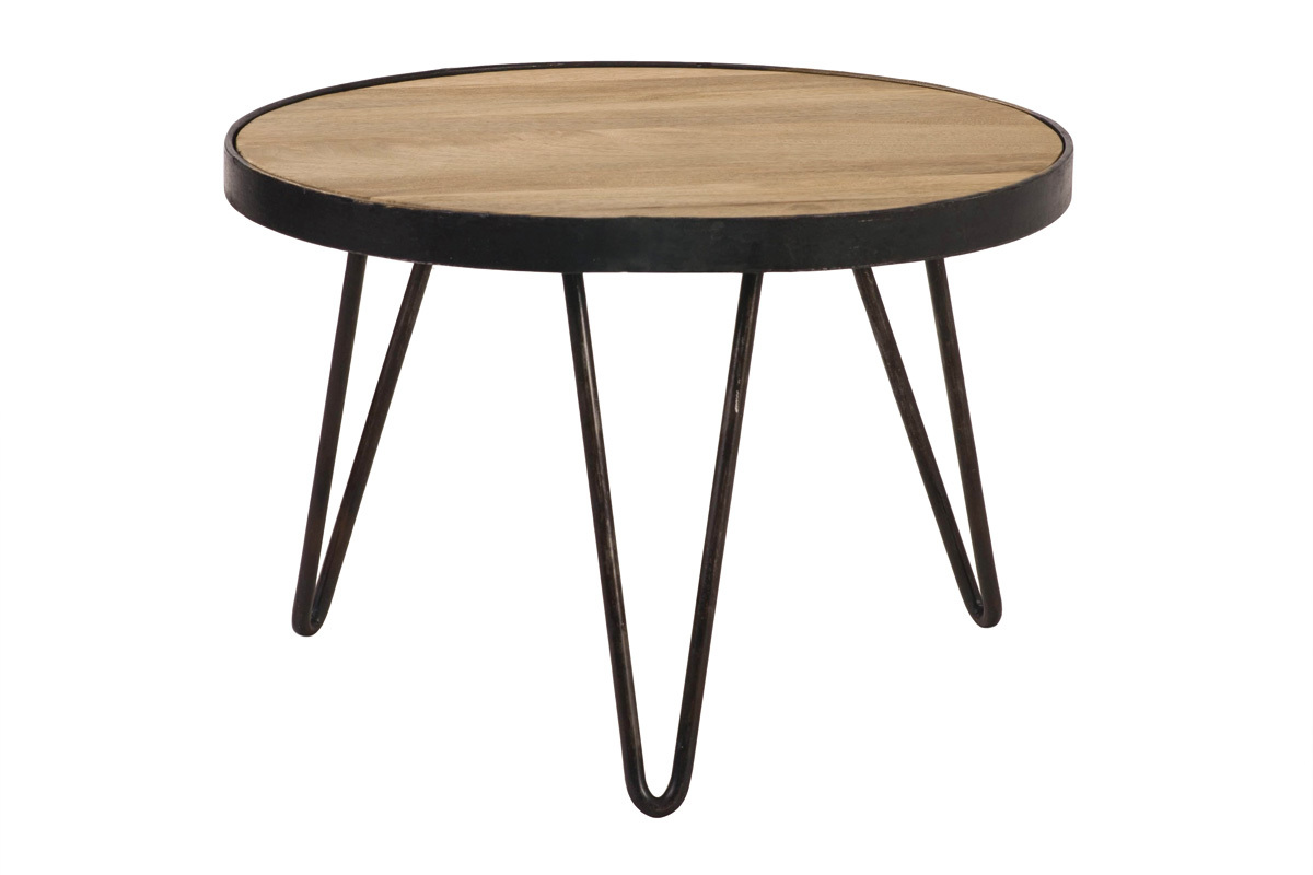 Mesa de centro redonda industrial de madera maciza de mango y metal negro, vista en tres cuartos.