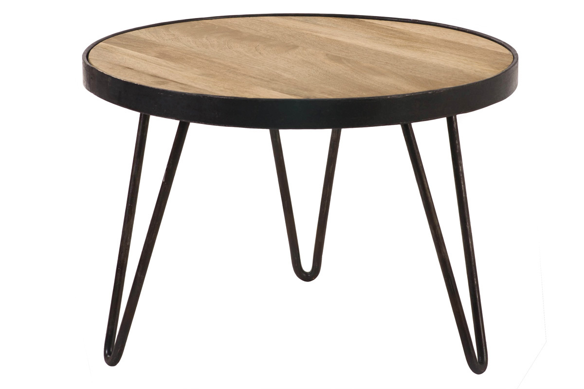 Mesa de centro redonda industrial de madera maciza de mango con patas de metal negro, vista en tres cuartos.