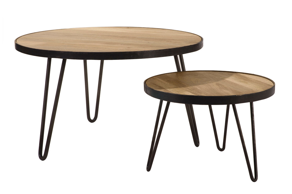 Mesa baja redonda ATELIER en madera maciza de mango y metal negro vista de perfil, D50 cm