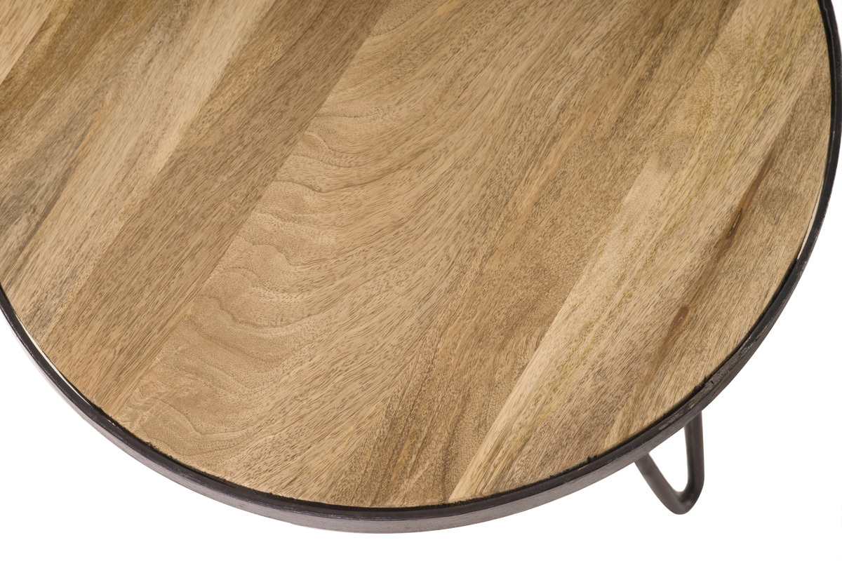 Mesa de centro redonda de madera maciza de mango con patas de metal negro, vista desde arriba.