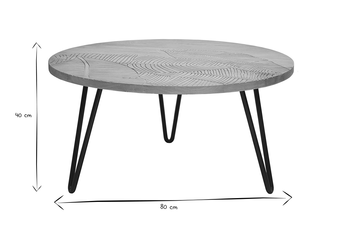 Mesa de centro redonda grabada en mango y metal negro VIBES
