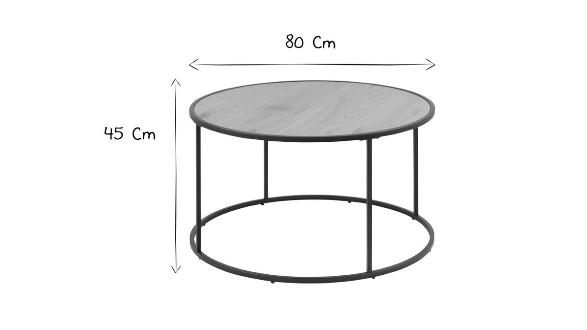 Mesa de centro redonda madera y metal negro D80 cm TRESCA