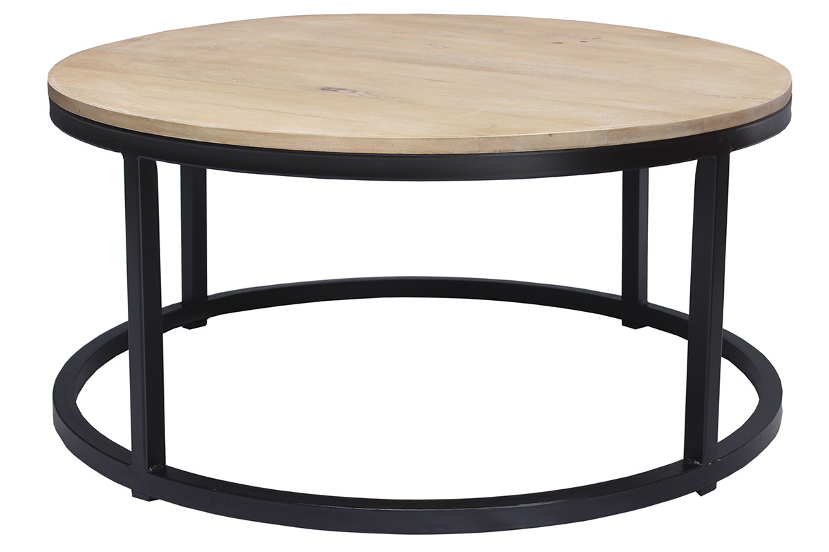Mesa de centro rendonda en mango y metal negro D80 cm FACTORY
