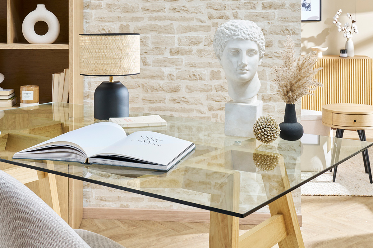 Mesa de comedor cristal transparente y madera L160 cm BACCO