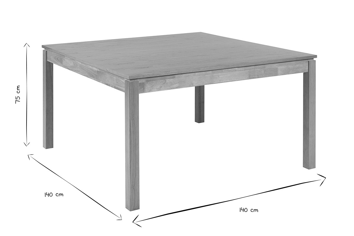 Dimensiones de la mesa de comedor cuadrada de madera clara L140 cm x L140 cm x H75 cm en negro y blanco.