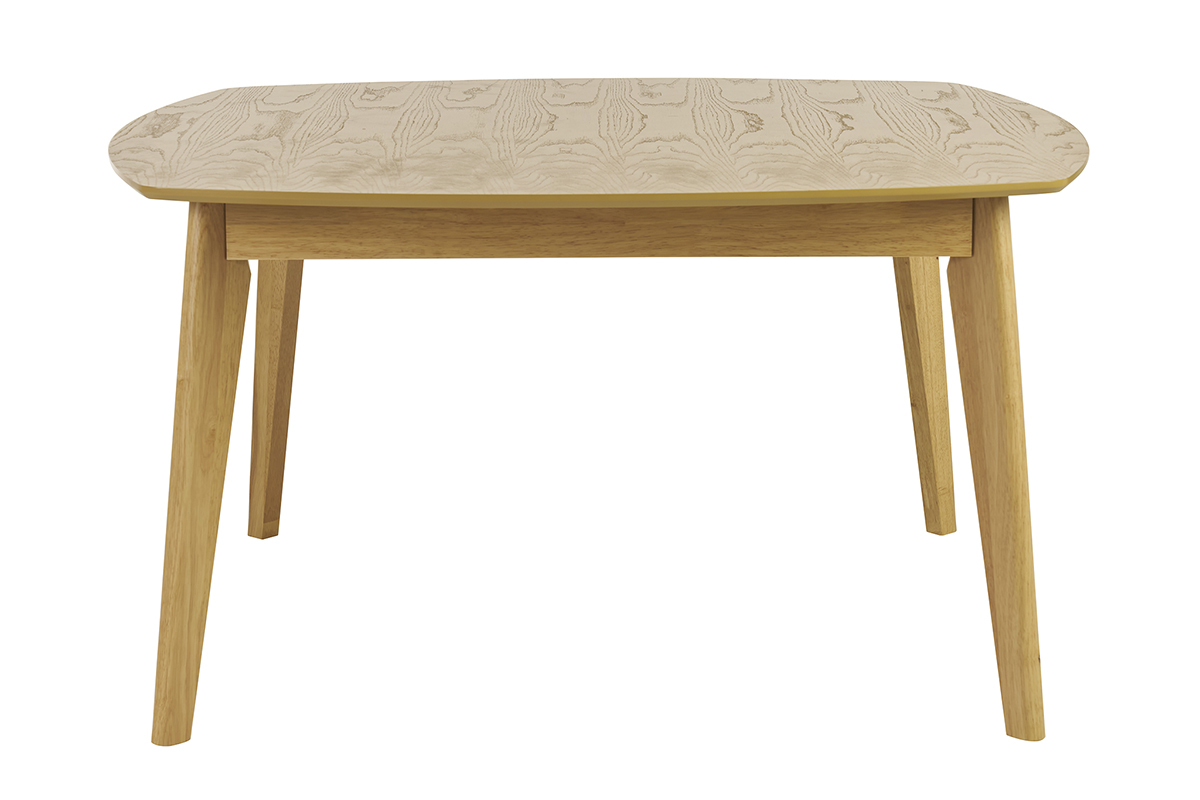 Mesa de comedor escandinava cuadrada de madera clara vista de frente.