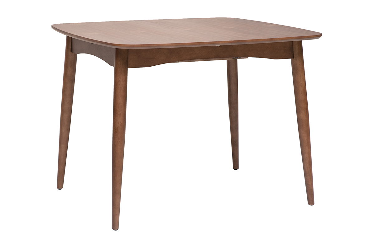 Mesa de comedor cuadrada extensible de madera oscura vista desde 3/4