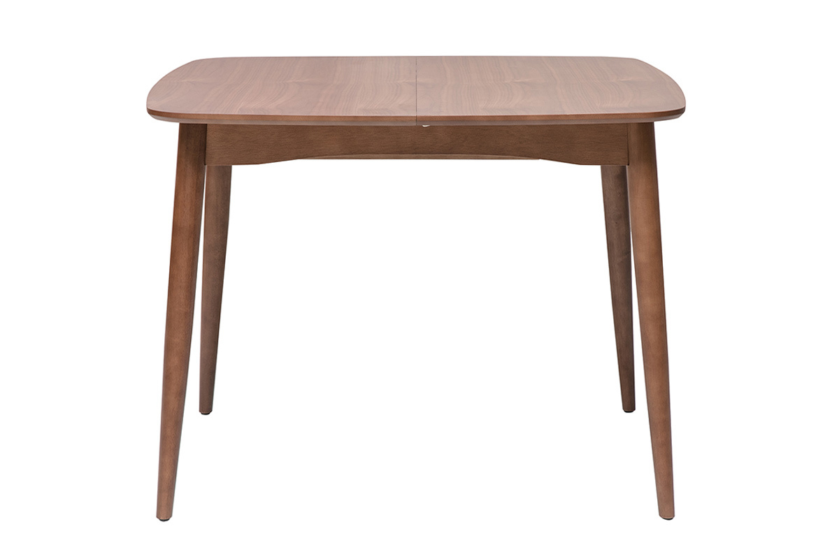 Mesa de comedor cuadrada de madera oscura de nogal, vista frontal, patas de madera maciza de caucho.