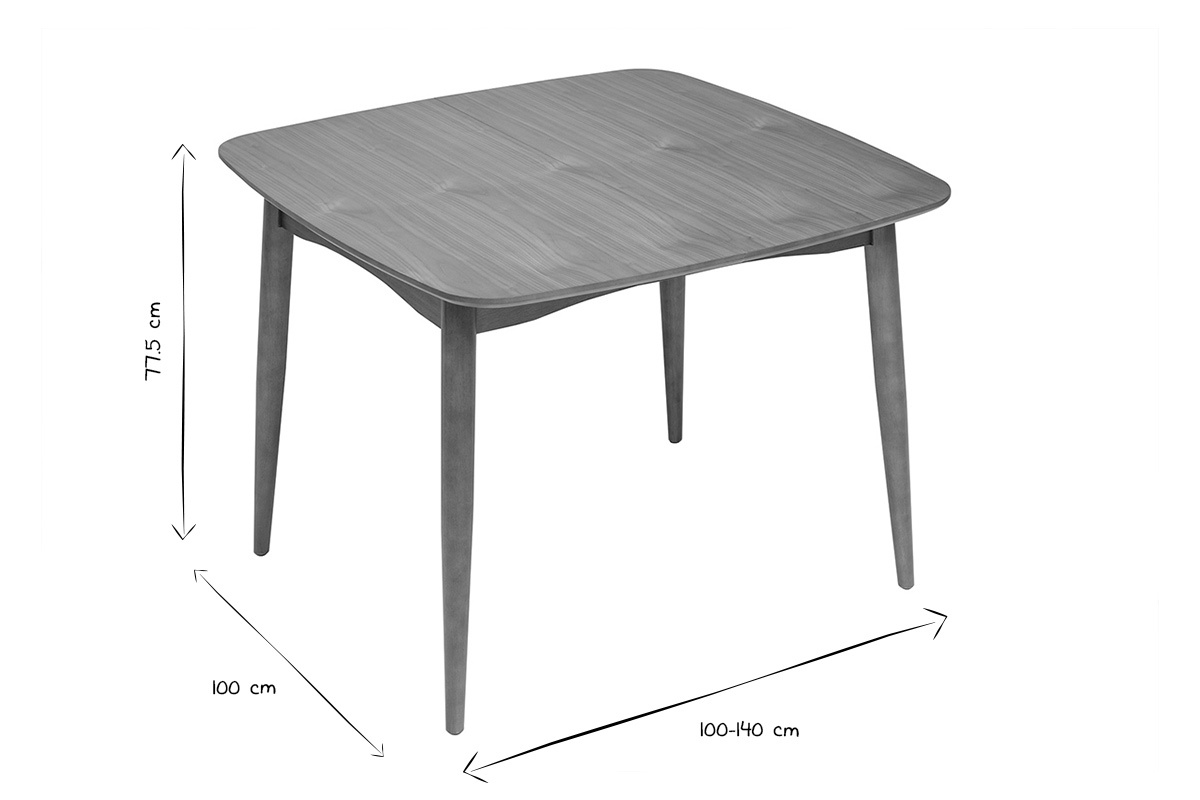 Mesa cuadrada extensible de madera, vista en perspectiva, dimensiones 100-140 cm de longitud, 77,5 cm de altura.