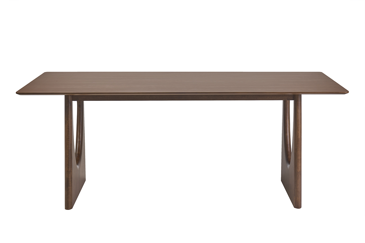 Mesa de comedor rectangular de madera oscura nogal, vista frontal, dimensiones L200 x P90 x H75 cm.