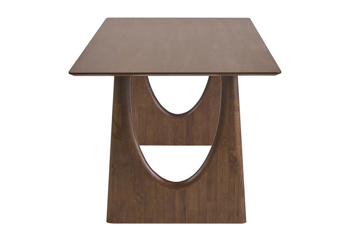 Mesa de comedor rectangular de madera oscura nogal, vista de perfil, dise�o moderno con patas esculpidas.