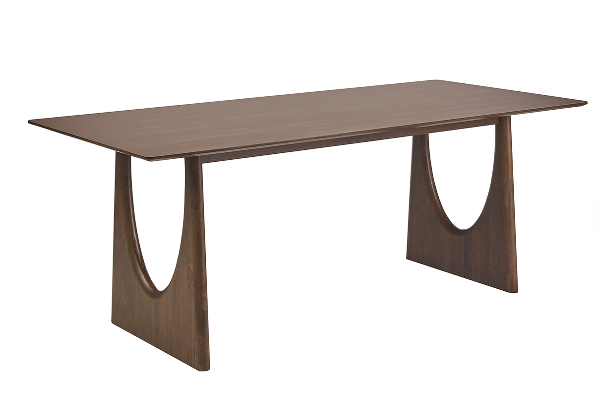 Mesa de comedor rectangular de madera color nogal oscuro, vista en tres cuartos.
