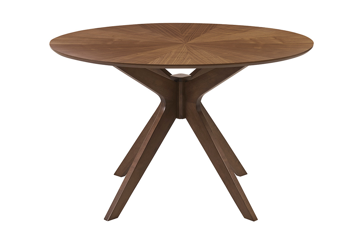 Mesa de comedor redonda de nogal con patas cruzadas, vista lateral.