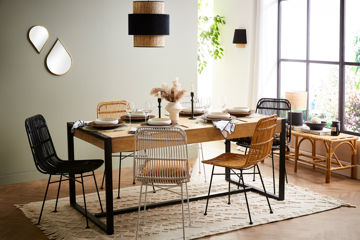 Mesa de comedor de madera de mango maciza y metal negro 175cm BERGEN