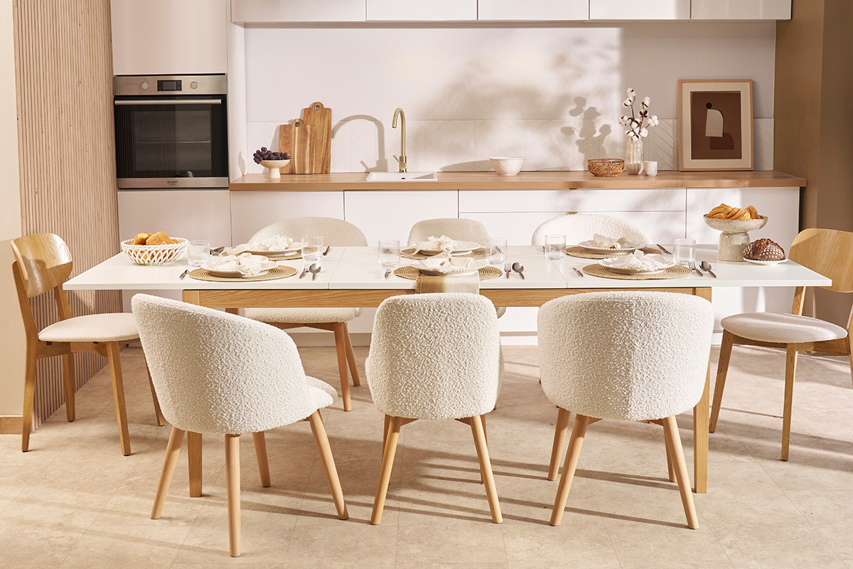 Mesa de comedor diseo extensible blanca patas madera L180-260 DELAH