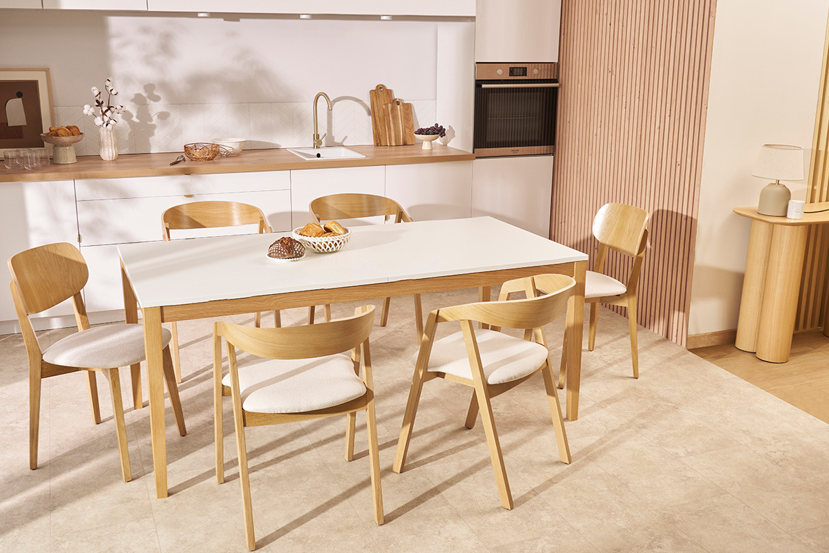 Mesa de comedor diseo extensible blanca patas madera L180-260 DELAH