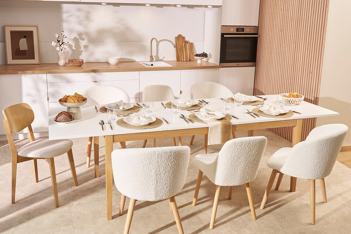 Mesa de comedor diseo extensible blanca patas madera L180-260 DELAH