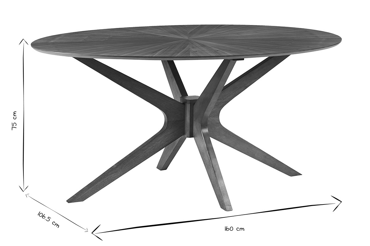 Mesa de comedor ovalada de nogal de 160 cm, dimensiones con base de diseo, negro y blanco.