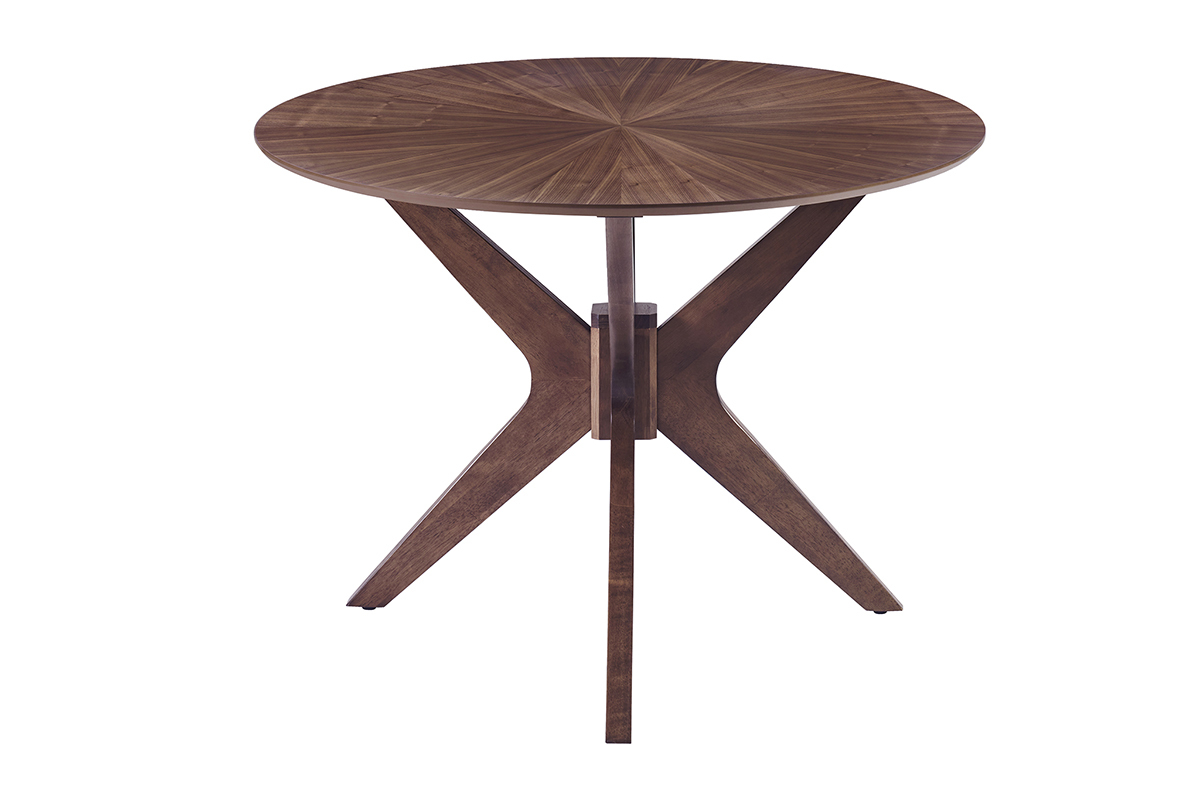 Mesa de comedor ovalada de nogal con base escultrica, vista lateral.