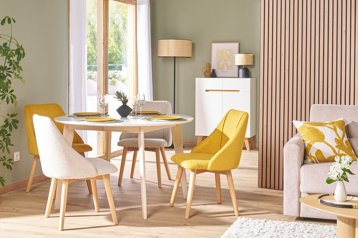 Mesa de comedor diseo redonda extensible blanca y madera L120-150 LEENA