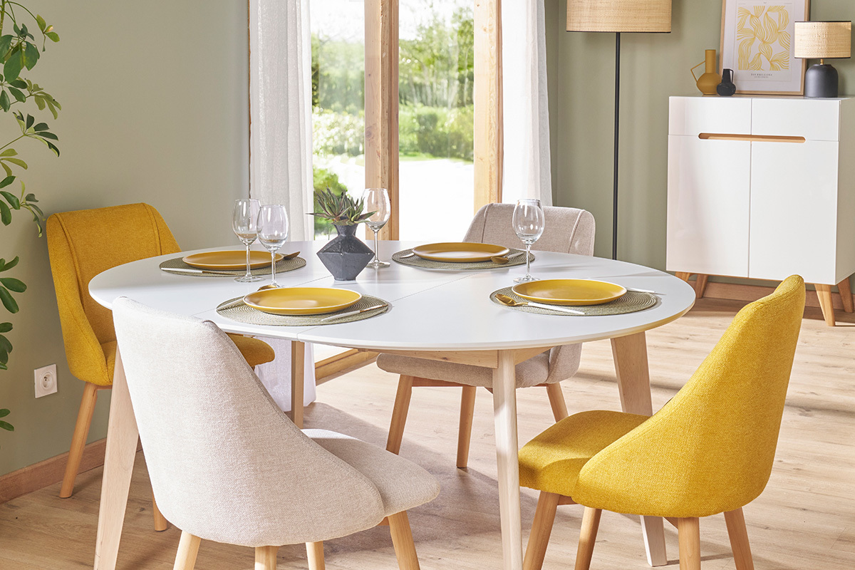 Mesa de comedor diseo redonda extensible blanca y madera L120-150 LEENA
