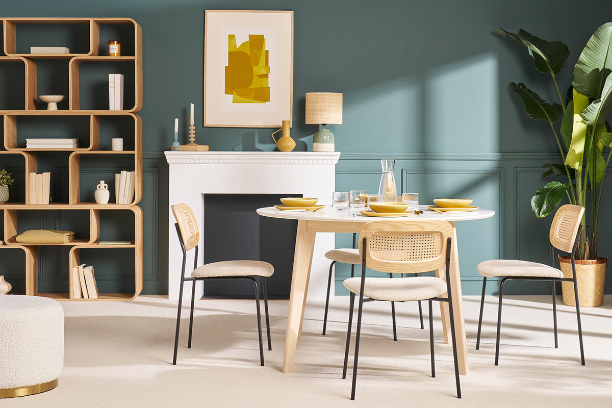 Mesa de comedor diseo redonda extensible blanca y madera L120-150 LEENA