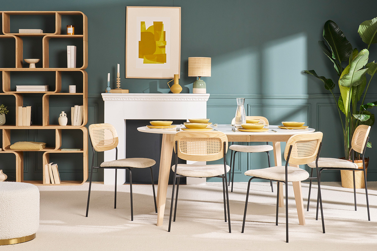 Mesa de comedor diseo redonda extensible blanca y madera L120-150 LEENA