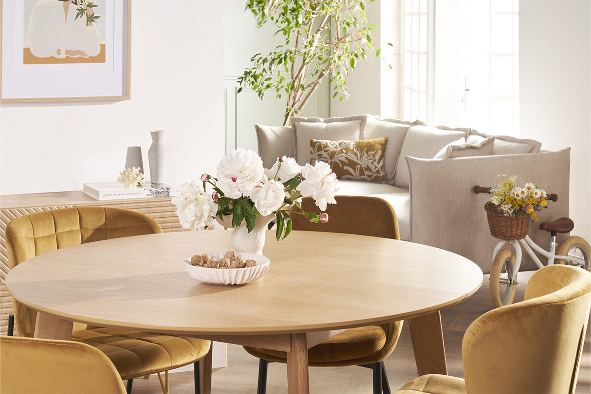 Mesa de comedor diseo redonda extensible roble L120-150 LEENA