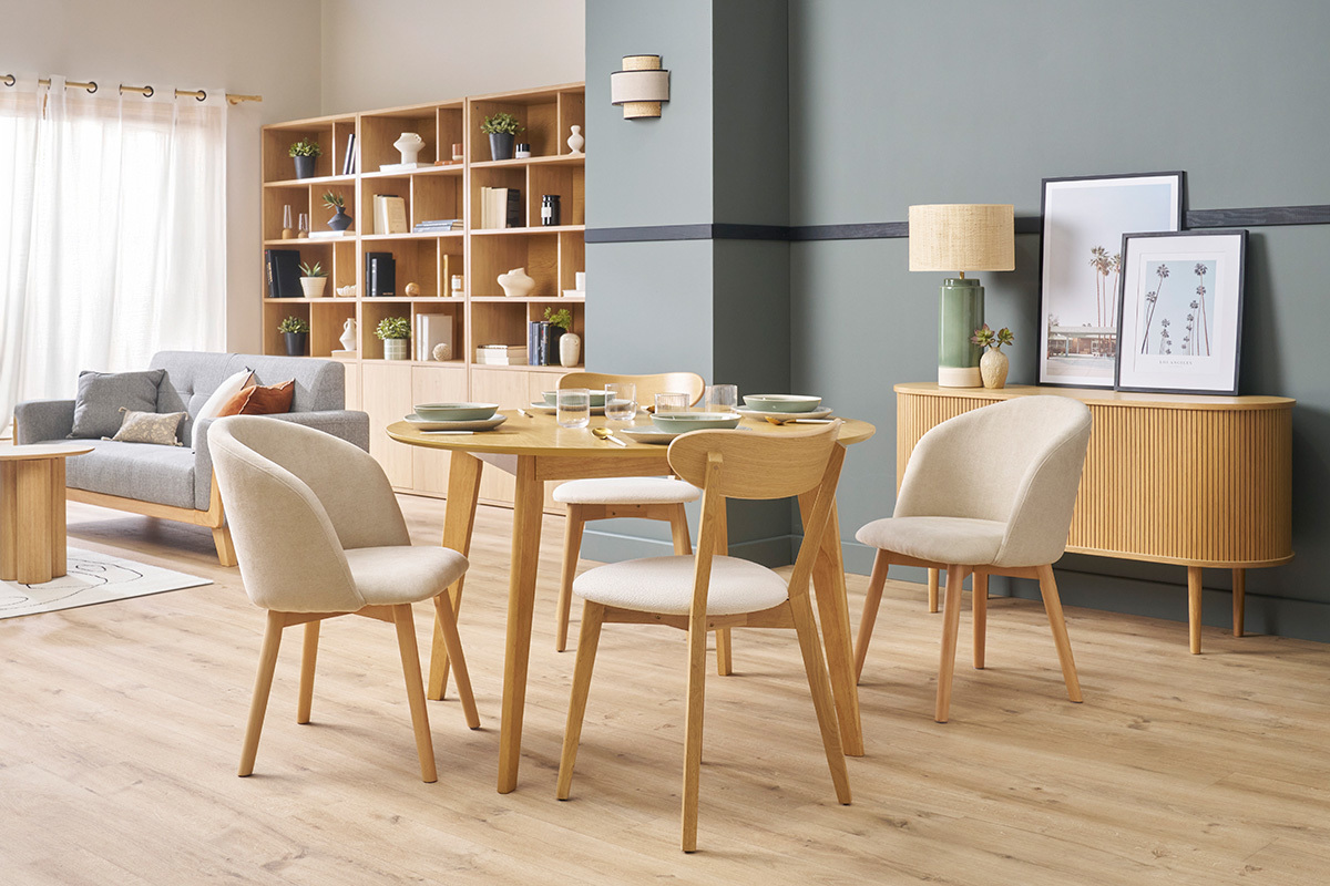 Mesa de comedor diseo redonda extensible roble L120-150 LEENA